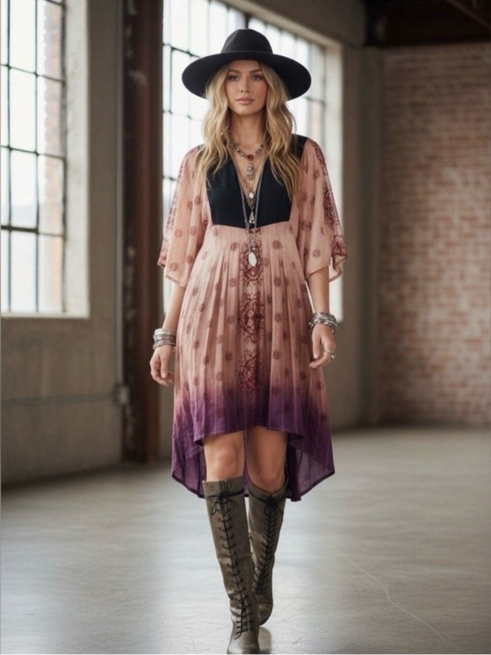Free People Lovely Lady Kaftan Midi Dress High Lo Dress Denim Tie Dye Large Boho